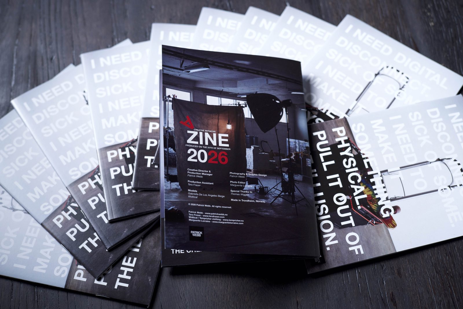 The finished zine, showing the back cover and credits